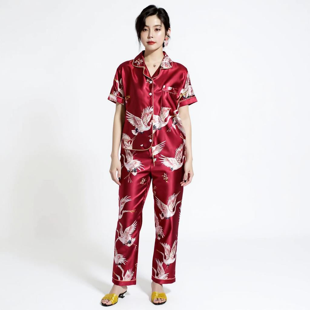 Short Sleeve Silk Pajama Set - Bird Pattern