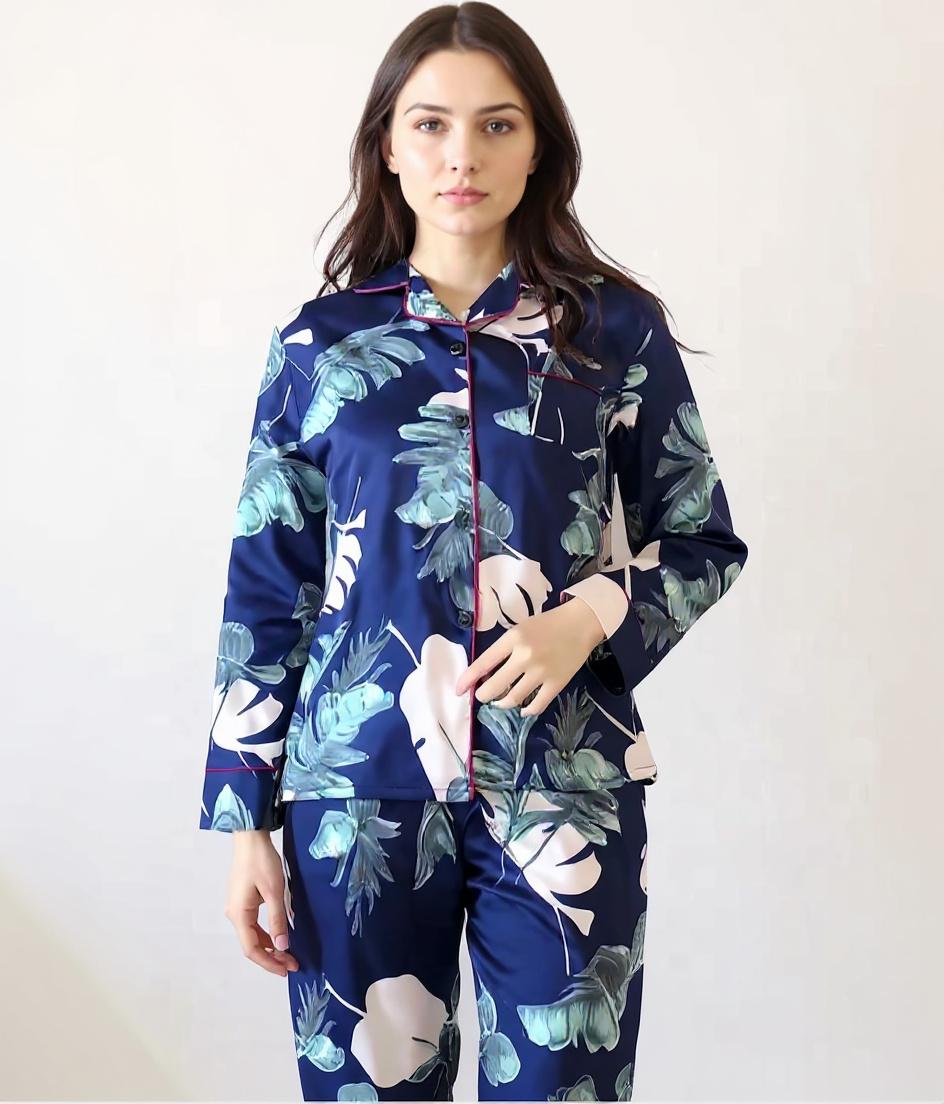 Long Sleeve Silk Pajama Set - Leaf Pattern