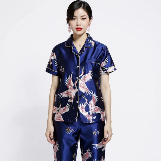Short Sleeve Silk Pajama Set - Bird Pattern