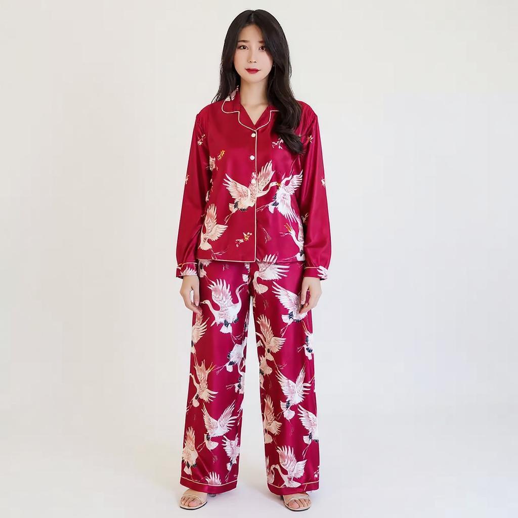 Long Sleeve Silk Pajama Set - Bird Pattern