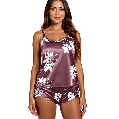 Spaghetti Strap Silk Pajama Set - Flower Print