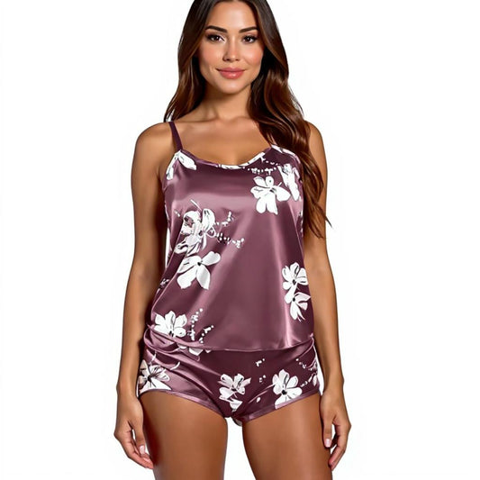 Spaghetti Strap Silk Pajama Set - Flower Print