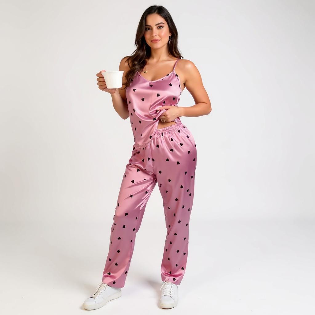 Spaghetti Strap Silk Pajama Set - Love Heart Print