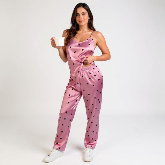 Spaghetti Strap Silk Pajama Set - Love Heart Print
