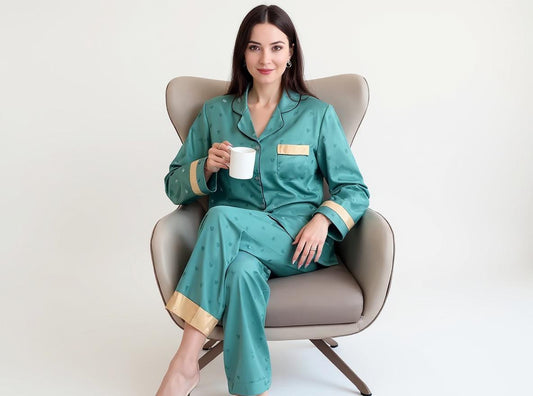 Long Sleeve Silk Pajama Set - Love Heart Pattern