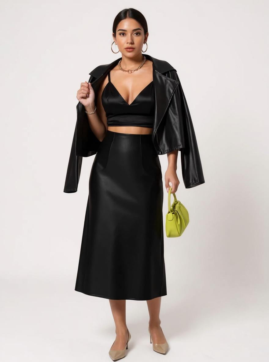 High-Waisted Silk Midi Skirt