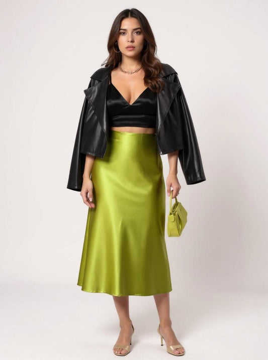 High-Waisted Silk Midi Skirt