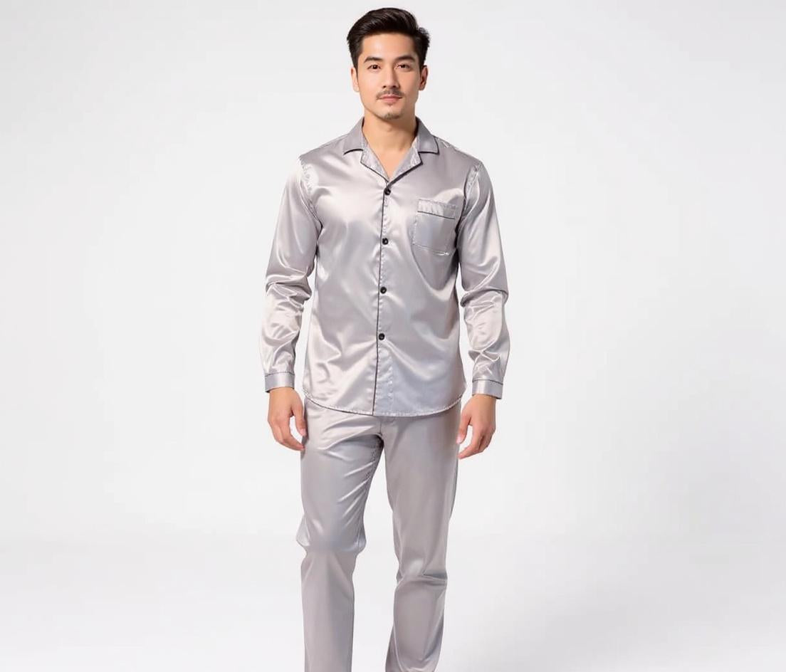 Solid Colour Long Sleeve Silk Pajama Set