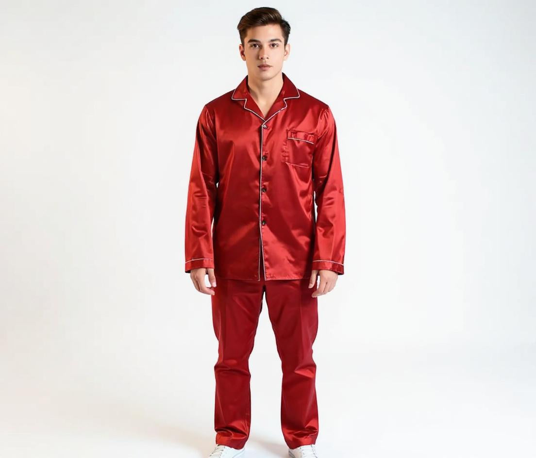 Solid Colour Long Sleeve Silk Pajama Set