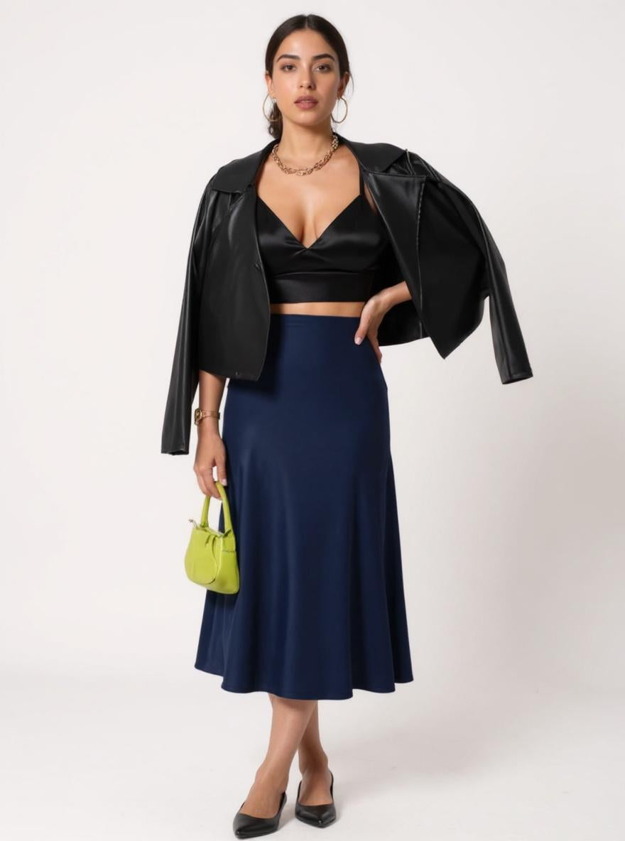 High-Waisted Silk Midi Skirt