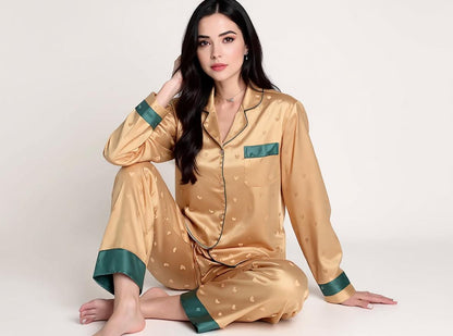 Long Sleeve Silk Pajama Set - Love Heart Pattern