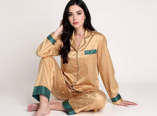 Long Sleeve Silk Pajama Set - Love Heart Pattern