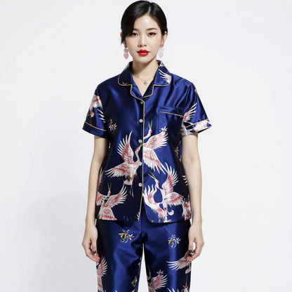 Short Sleeve Silk Pajama Set - Bird Pattern