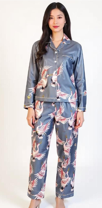 Long Sleeve Silk Pajama Set - Bird Pattern