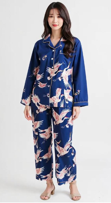 Long Sleeve Silk Pajama Set - Bird Pattern