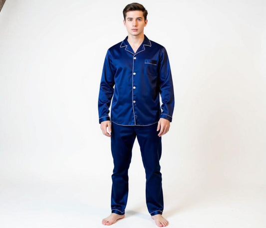 Solid Colour Long Sleeve Silk Pajama Set