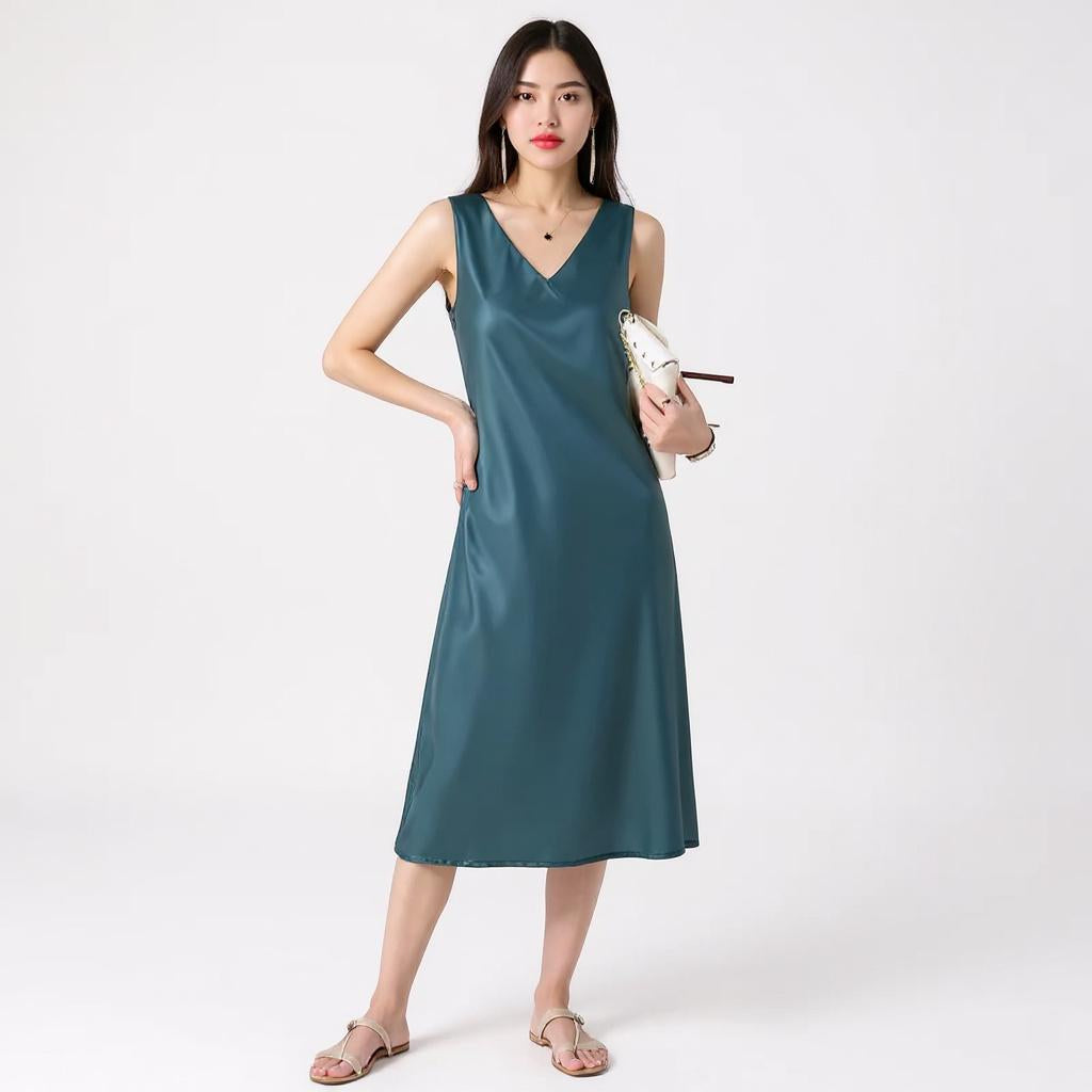 Silk V-Neck Midi Dress