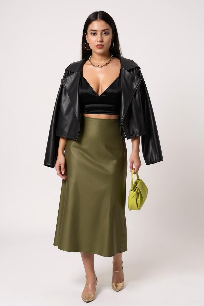 High-Waisted Silk Midi Skirt