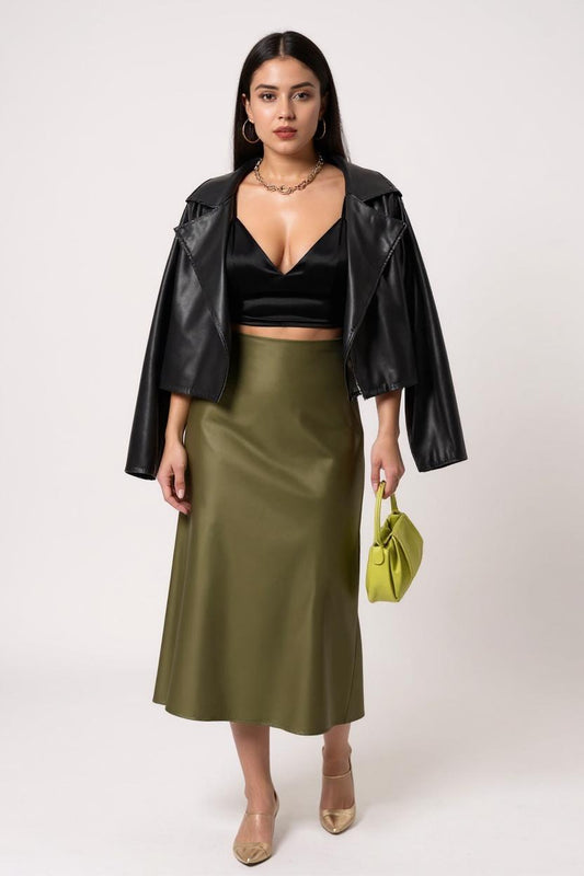 High-Waisted Silk Midi Skirt