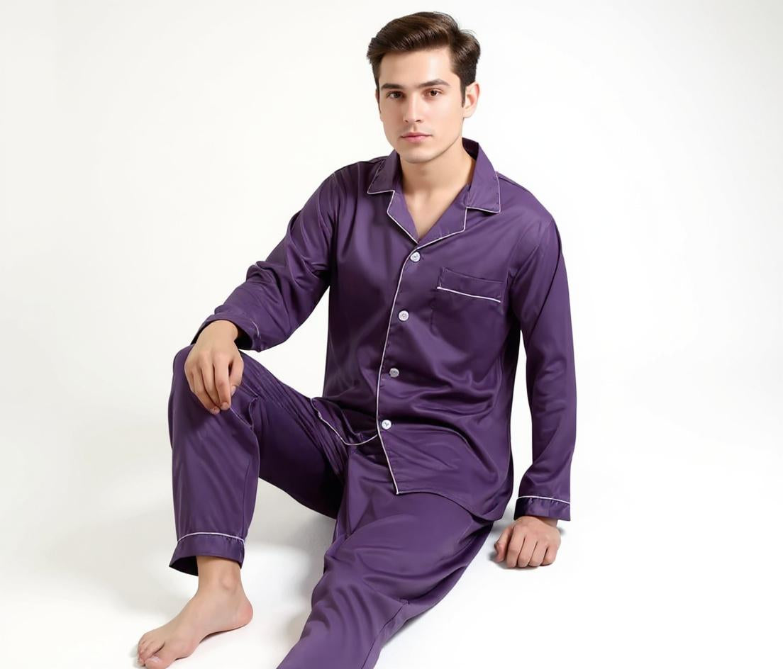 Solid Colour Long Sleeve Silk Pajama Set