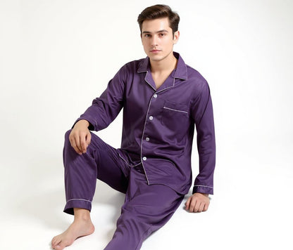 Solid Colour Long Sleeve Silk Pajama Set
