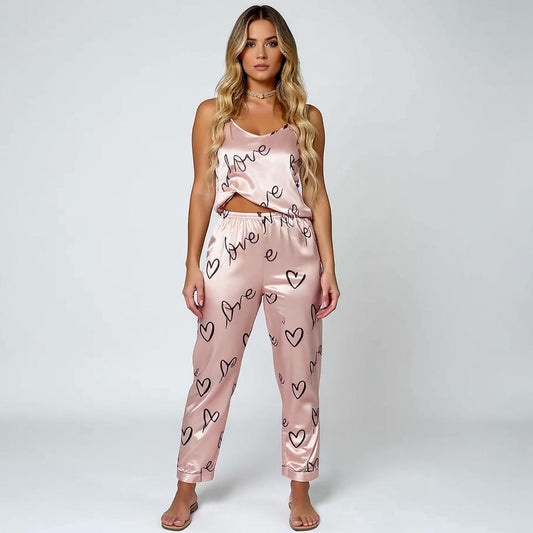 Spaghetti Strap Silk Pajama Set - Love Print