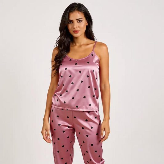 Spaghetti Strap Silk Pajama Set - Love Heart Print