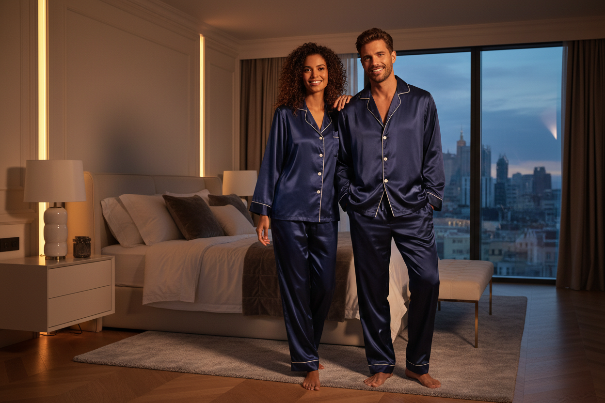 Create a high-quality image featuring a man and a woman wearing matching luxury silk pajamas. Both should be posed in a relaxed, natural, and elegant modeling stance. Use a modern, upscale bedroom backdrop with warm lighting