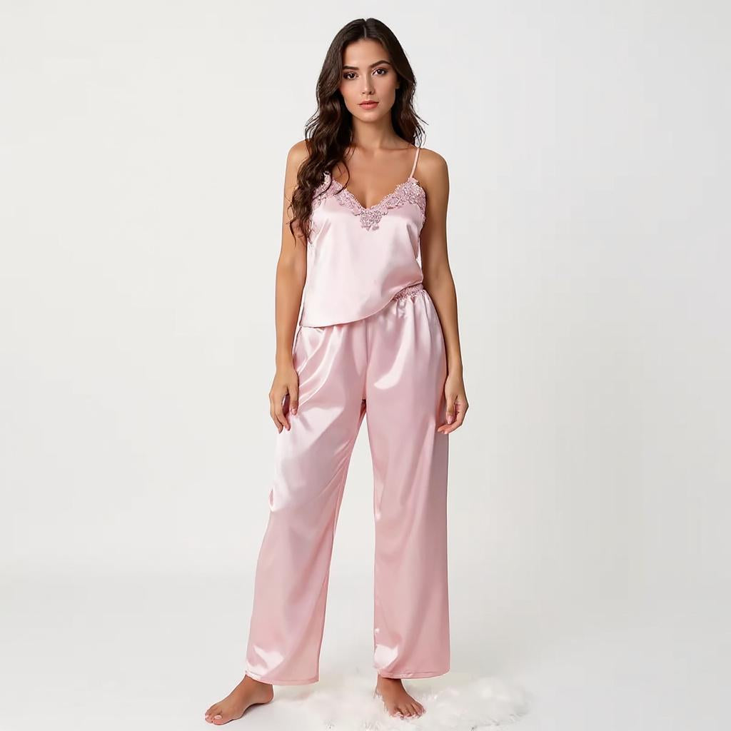 Spaghetti Strap Lace Silk Pajama Set