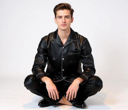 Solid Colour Long Sleeve Silk Pajama Set