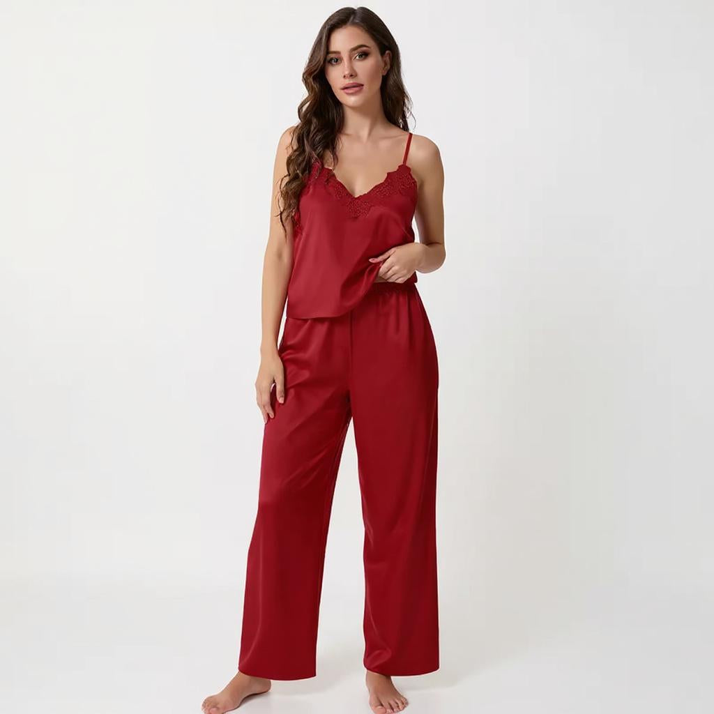 Spaghetti Strap Lace Silk Pajama Set