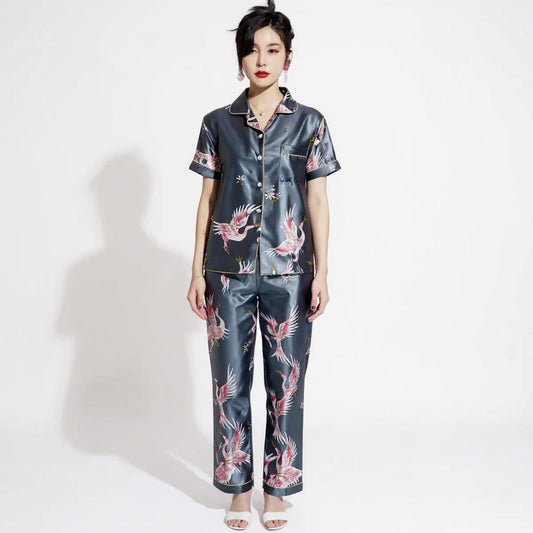 Short Sleeve Silk Pajama Set - Bird Pattern